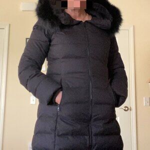 SOIA and Kyo black down coat with fur trim hood. Size Medium.